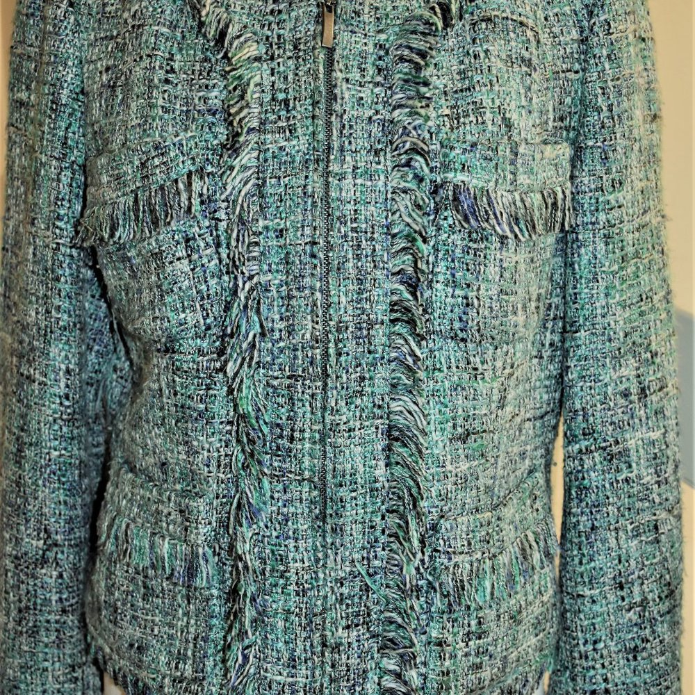 Green Chanel-style zip jacket with fringe detailing by INC.  Size 10/